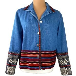 Denim Jean Jacket Petite Medium Embellished Southwestern Aztec Boho Tapestry USA